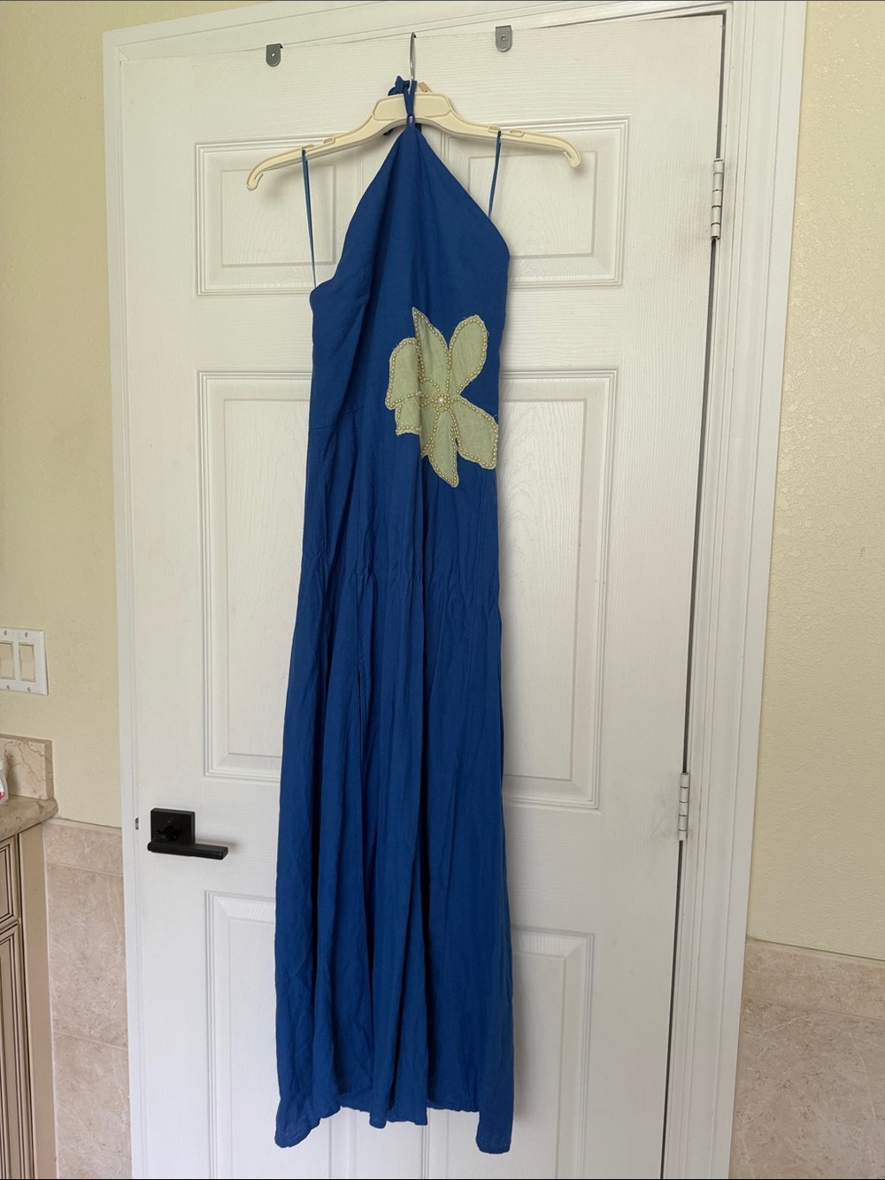 Anthropologie Blue Maxi Dress with Yellow Flower Applique